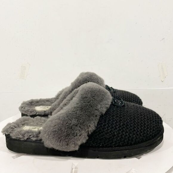 UGG Cozy slip-on slippers Womens Sz 9.5 Knit Upper Fur lining Black Gray - Picture 7 of 11